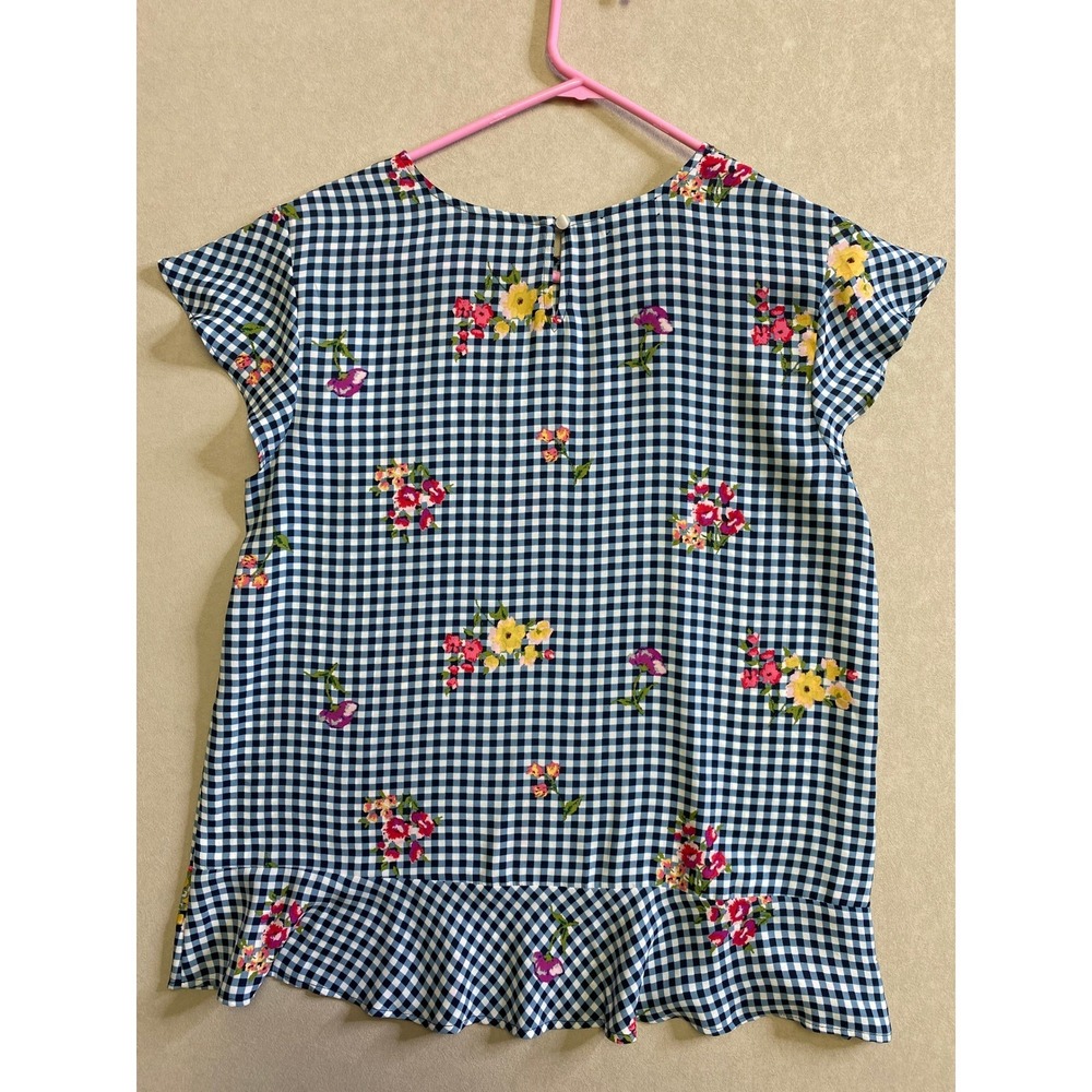 Van Heusen Womens Blue Gingham Floral Peplum Top Short Sleeve Blouse Medium